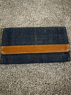 GUESS Dark Denim and Brown Leather Trim Wallet Clutch